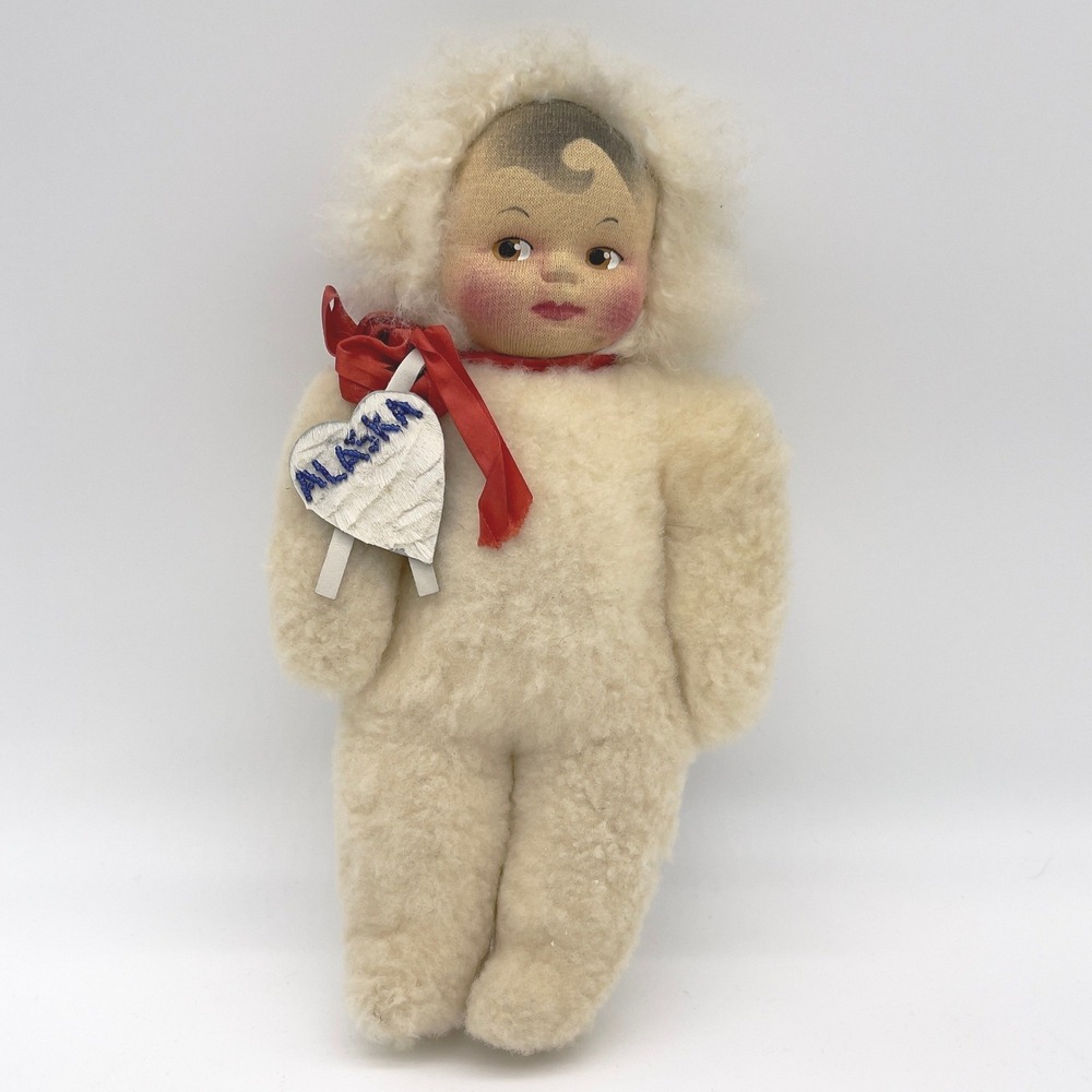 Vintage Alaska Eskimo Doll Plush Souvenir 12 inch Folk Art Tourist 60s Kitsch